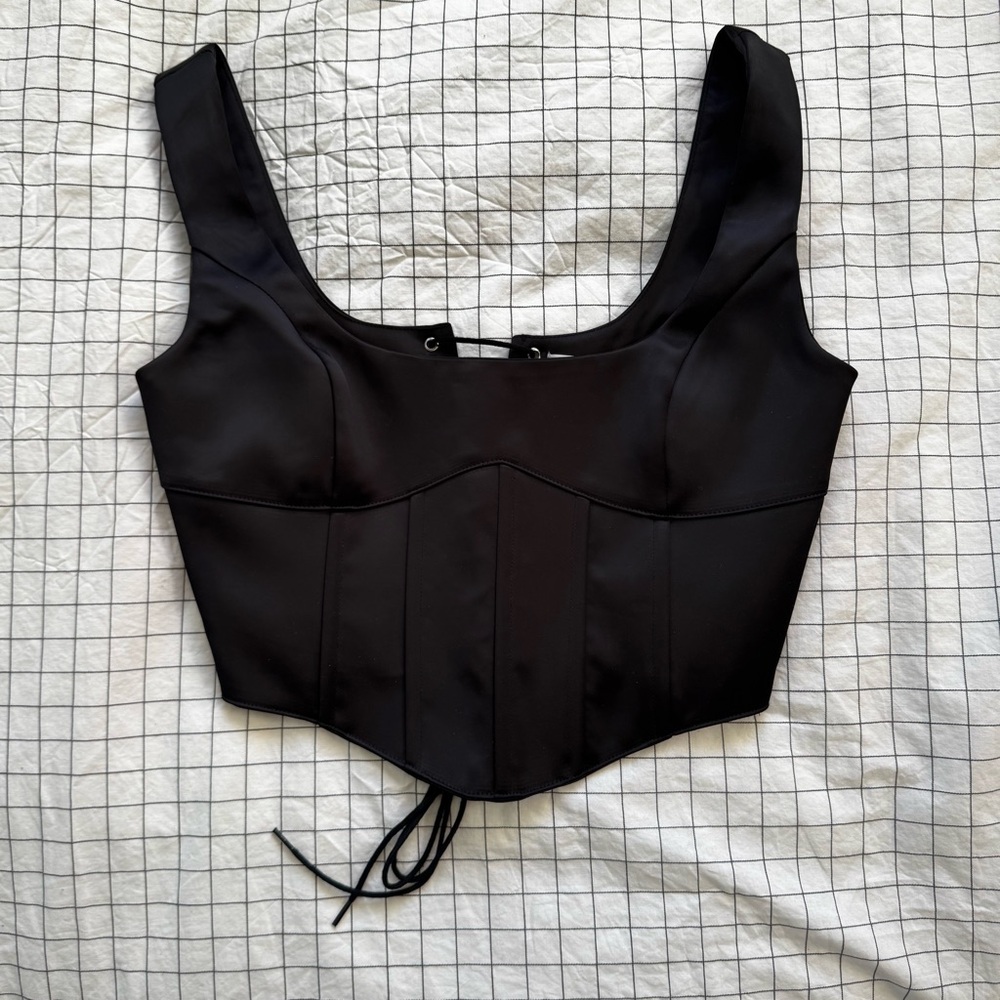 Danielle Guizio black satin lace-up bustier/corset top